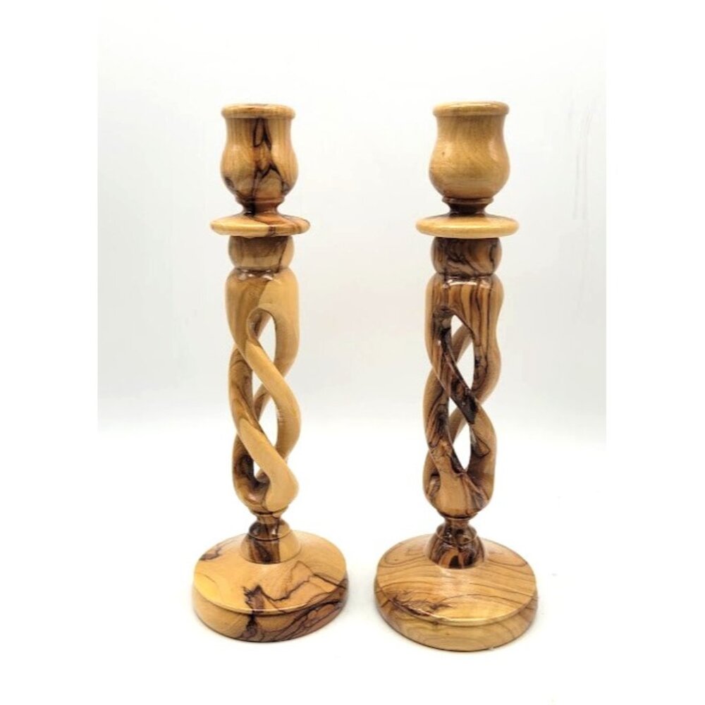 Hand Turned Olive Wood Candle Holders Set2 Rustic Luxury Decor Holy Land Holiday